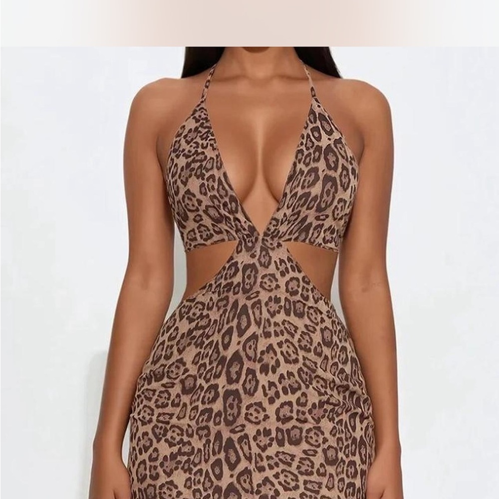Fashion Nova Tan Leopard Print Backless Dress